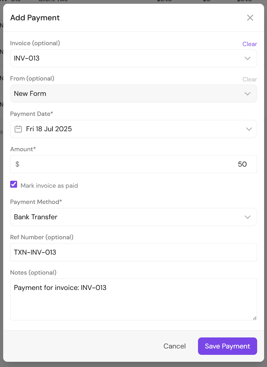 Displays the 'Add Payment' popup with pre-filled data for a dummy invoice payment.